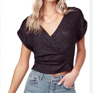 EUC ASTR Textured Black Wrap Cropped Blouse size Small